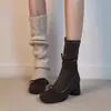Botas elásticas de estilo suave adelgazante con lazo 2026 tacón grueso de ballet estilo nuevo para mujer con cremallera lateral botas adelgazantes versátiles Francesas