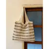 Bolso tote de punto a rayas casual estilo coreano para mujer, bolso simple tejido a mano calado, bolso de hombro casual versátil