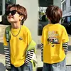 Camiseta de Algodão Puro 100% Manga Longa Outono Novo Estilo para Crianças Médias e Grandes Design Solto Senso de Moda Camiseta Base Patchwork Listrado