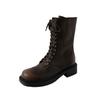 Botas Martin de Cuero Lavado de Color Versátil de Moda 2025 Otoño e Invierno Punta Redonda Tacón Medio Grueso Botines con Cordones de Cuero Genuino para Mujer