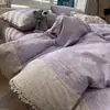 Juego de Cuatro Piezas de Gasa de Algodón Acolchado de Doble Capa con Encaje Francés, Suave y Cómodo para Dormir, Juego de Ropa de Cama de Tres Piezas para Dormitorio de Estudiantes, Sábana y Funda de Edredón