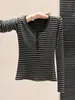 Efeito emagrecedor~Camiseta listrada color block retrô e amiga da pele com ombros normais, top emagrecedor e sexy para garotas estilosas, peça de manga comprida para usar por baixo no outono e inverno