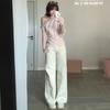 Jeans Bordados de Gatito Lindo de Dibujos Animados para Mujer, Diseño Blanco Otoñal, Pantalones Rectos de Pierna Ancha Estilo Americano de Plátano