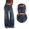 & Estilo retrô americano, design de bolso flip-back, cintura média-baixa, jeans largos e compridos soltos para mulheres, azul com etiquetas