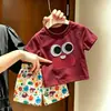 2026 Novo Conjunto de Verão Infantil Olhos de Desenho Animado Fofos Manga Curta Shorts Super Fofos de Desenho Animado Conjunto de Duas Peças Versátil