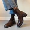 Piel de Vaca ~ Piel Genuina Botines Cortos Retro de Tacón Alto para Mujer Punta Cuadrada Nicho Botas Elásticas Otoño e Invierno Tacón Grueso Cuero Suave Envejecido Botines Ajustados