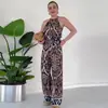 2024 Novo Estilo de Verão Europeu e Americano Amazon Cross-border Moda Feminina Estampado Gola Halter Sem Mangas Perna Larga Slim Macacão