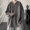 Camiseta de Manga Larga con Cuello en V de Color Sólido para Hombre, Estilo Americano High Street, Forro Polar, Espesa, Casual, Versátil, Texturizada, Blanca, de Cuatro Estaciones