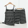 Conjunto de verano para mujer de modal, conjunto de dos piezas de camisola de rayas con cuello redondo y shorts, delgado y talla grande, se puede usar afuera