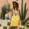Vestido de Crochê com Alças Cruzadas, Estilo Étnico Feminino, Patchwork de Cores Misturadas, Saída de Praia Sexy com Recortes 190720