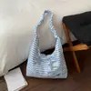 2026 Bolsa de Ombro Listrada da Moda para Meninas Bordado Listrado Bolsa de Lona Fofa de Desenho Animado Bolsa Tote de Mão de Grande Capacidade