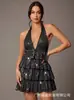Vestido de fiesta corto con lentejuelas en capas estilo pastel, cuello halter profundo en V sexy, moda transfronteriza europea y americana para mujer