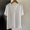 2559 [Marco de Hilo Peinado 65] Primavera y Verano 2025 Cuello en V Blanco Manga Corta Holgado Verano Simple Casual Versátil Mujer