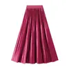 Saia Midi Longa Feminina 6623, Estilo Coreano, Slim, Nova Coleção Primavera, Cintura Alta, Pregueada, Linha A, Acabamento Brilhante