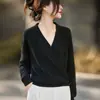 Suéter de punto de lana con cuello en V cruzado, elegante top de manga larga para mujer, colección otoño/invierno 2026, suéter de capa interior a la moda