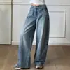 Jeans para Mujer Estilo Europeo Transfronterizo Lavado a la Arena Retro Sueltos de Cintura Alta Patchwork Pierna Recta Pierna Ancha