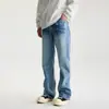 Calça jeans masculina lavada com estampa de rachadura de raio, estilo high street americano, lavada e desgastada, calça casual de perna reta e larga