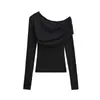 Camiseta Vermelha Vintage Assimétrica de Manga Longa para Mulheres, Primavera e Outono, Estilo Pura Desejo, Camada Interna Franzida, Slim Fit, Top Curto Base