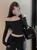 Camiseta Base para Mujer de Manga Larga, Hombros Descubiertos, Cuello Halter, Ajustada, Elegante, Pura y Sexy, para Venta al por Mayor Transfronteriza Primavera y Otoño