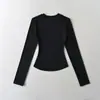 Camiseta Sexy de Manga Longa com Gola Redonda Estilo Desejo Puro para Mulheres, Novo Modelo de Primavera, Cor Sólida Básica Slim Fit Top com Base Canelada