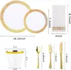 Juego de 25 piezas vajilla de fiesta desechable platos con borde dorado copas de vino juego de cuchillo tenedor cuchara platos de fruta de plástico PS