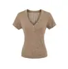 2026 Camiseta Base Feminina Cor Sólida Slim Fit Emagrecedora Estilo Garota Quente Desejo Puro Manga Curta Decote V Vazado Verão Nova
