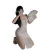 Lencería Sexy, Vestido Femenino sin Espalda Ligeramente Transparente con Tirantes, Cheongsam con Abertura, Tentador Conjunto de Pijama Pasión para No Quitar