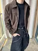 Jaqueta zip-up estilo celeiro retrô americana marrom com lapela, corte limpo, curta e larga, com ombros retos, casaco slim-fit