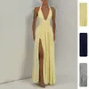 Outono 2026 Novo Moda Feminina Europeia e Americana Transfronteiriça Estilo Francês Sexy Decote em V Profundo Fenda Cor Sólida Vestido