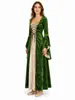 Vestido Vintage de Veludo Dourado com Cadarço e Mangas Longas para Festa de Halloween, Corte Medieval Europeu e Americano, Fantasia para Performance de Palco