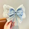 Presilha de Cabelo Infantil com Laço de Renda Xadrez Azul e Branco Estilo Princesa Presilha de Cabelo com Fita na Parte de Trás da Cabeça Super Fada Presilha de Cabelo Acessórios de Cabelo