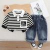 Ropa infantil al por mayor transfronteriza 2025 primavera y otoño nueva camisa polo a rayas estilo western para niños pantalón vaquero infantil de dos piezas