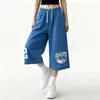 Calça cropped larga despojada estilo americano com estampa de letras para homens e mulheres, modelagem solta, casual, esportiva, cintura elástica, moderna