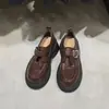Mocassins Retrô Lavados de Couro Genuíno Cavalo Salto Grosso Feminino Fivela de Couro Solado Grosso Aumentador de Altura Sapatos Únicos Academia Britânica Sapatos Pequenos de Couro