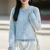 Novo cardigã de tricô com gola redonda, mistura de caxemira e lã, para outono e inverno, suéter feminino de lã escovada, cor sólida, manga longa