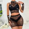 Novo lingerie sexy europeia e americana transfronteiriça conjunto de duas peças strass brilhante saia quadril umbigo à mostra perspectiva malha vazada