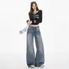 Jeans feminino retrô americano transfronteiriço 2026, novo tie-dye lavado, calça de perna larga solta reta de comprimento total para garota popular