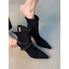 Botas Femininas Elegantes de Salto Alto com Zíper nas Costas, Couro Fosco com Fivela de Cinto, Bico Fino, Botas Curtas Elegantes, Botas Retro de Salto Agulha