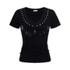 Camiseta feminina estilo retrô americano com bordado de asa, decote V, manga curta, novo estilo de verão com tachas, justa ao corpo, valoriza a silhueta, top curto moderno