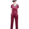 Verano 2022 Nuevo Top de Terciopelo Dorado con Cuello en V y Manga Corta para Mujer, Ropa Casual, Pantalones de Pierna Ancha, Traje Deportivo de Dos Piezas