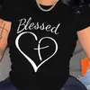 Camiseta con Estampado de Corazón y Cruz Bendecidos, Camiseta de Manga Corta con Cuello Redondo para Regalo del Día de San Valentín