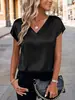 Camiseta de Satén para Mujer Primavera y Verano Amazon Nuevo Color Sólido Europeo y Americano Negocios Cuello en V Casual Suéter Superior para Mujer
