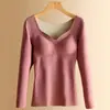 Top de Manga Larga Otoño e Invierno Ropa Interior Térmica de Terciopelo para Mujer Pijama Engrosado con Forro Polar Camiseta Base Auto-calentable Sin Costuras con Almohadilla en el Pecho