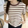 Nuevo top de verano para mujer, estilo minimalista japonés, tejido de algodón puro, cuello redondo, a rayas, corte ajustado, bloques de color, versátil, manga corta