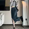 Saia Midi Jeans com Fenda Frontal Feminina Roupa de Primavera Cintura Alta Linha A Emagrecedora para Tipo de Corpo Pera Curta Acima do Joelho Longa