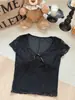 5049 # Camiseta de Manga Corta con Escote en V y Parches de Encaje para Mujer, Diseño de Verano, Puramente Sexy, Ajustada, Estilo Chica Caliente con Almohadillas en el Pecho