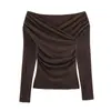 Comercio Exterior 2025 Invierno Nuevo Estilo Europeo y Americano Moda Femenina Sexy Chica Caliente Color Sólido Cuello con Doble Plisado Top 5039224