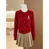 Cardigã de tricô bordado com flor vermelha estilo coreano para mulheres, toque de designer, gola redonda, peça versátil, branco, tamanho único, cinza, cor sólida