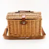 Bolsa de Piquenique Personalizada em Lona Trançada de Rattan, Cesta de Piquenique Portátil de Grande Capacidade, Bolsa de Armazenamento para Acampamento ao Ar Livre, Bolsa Tote para Passeio