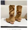 Botas de tacón grueso de ante con punta fina, tacones apilados, botas western hasta la pantorrilla, botas de vaquero, botas de montar, botas por encima de la rodilla para personas menudas